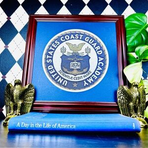 Framed Needlepoint US Coast Guard Academy Seal Framed Americana Wall Art 18”